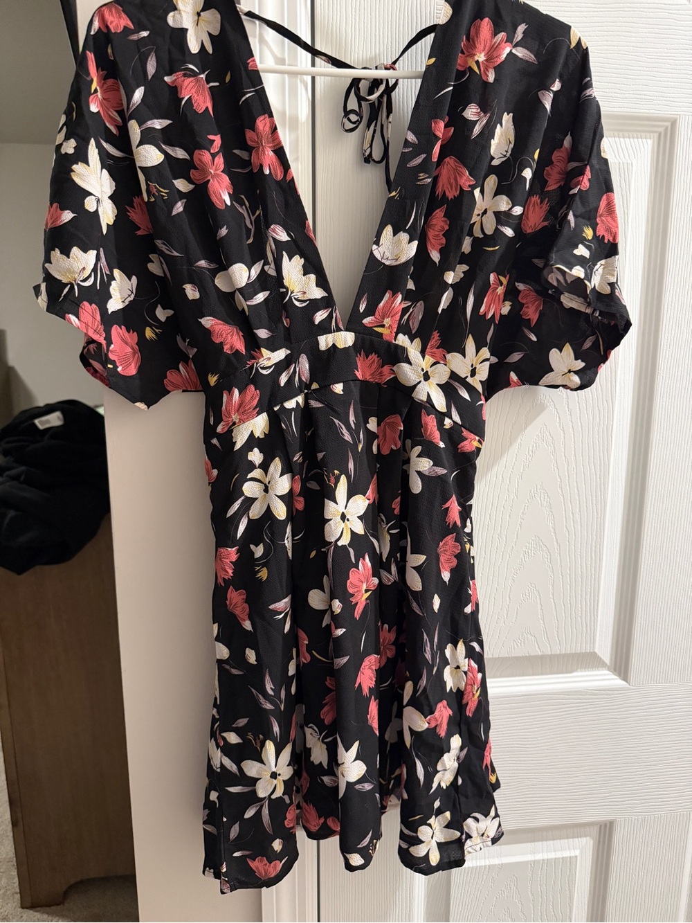 Black Floral V-Neck romper with tie back